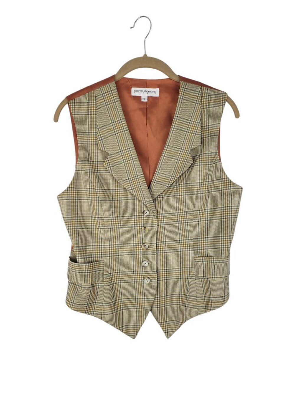 Gruppo Americano Tan Glen Plaid Wool Waistcoat Menswear Lapel Vest Womens Small